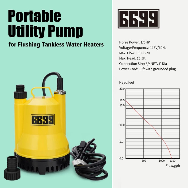 6699 Tankless Water Heater Descaling Flush Kit Includes Submersible Utility Pump with Adapters 3 Gallons Pail with Bucket Lid Opener and Two 3/4" GHT X 6FT PVC Black Hoses Easy Installation to Clean - Image 3